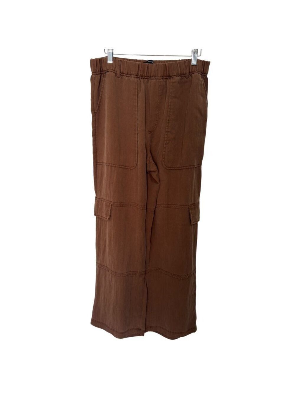 Zara Elastic Waist Lyocell Cargo Pants Womens Sz M Brown Straight Wide Leg Comfy